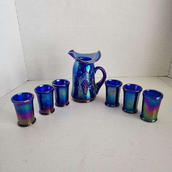 Vintage Gibson Carnival Glass Pitcher Glass Set Miniature Blue Irridecent 1996 - Picture 3 of 12